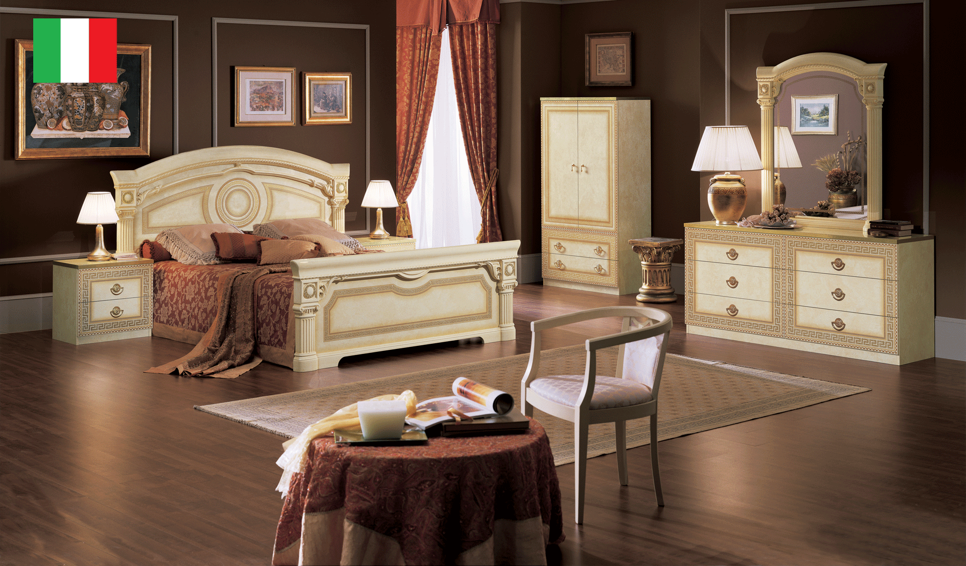 Living Room Furniture Coffee and End Tables Aida Ivory Bedroom w/Gold, Camelgroup Italy
