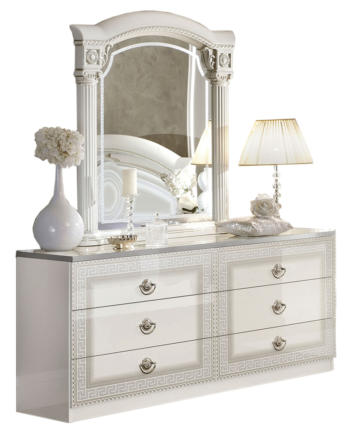 Living Room Furniture Coffee and End Tables Aida White Silver Dresser