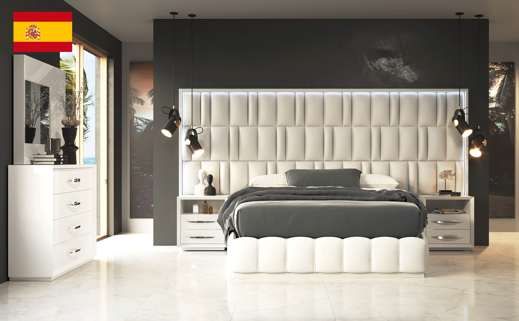 Brands Dupen Modern Bedrooms, Spain Orion Bed with Emporio Nightstands