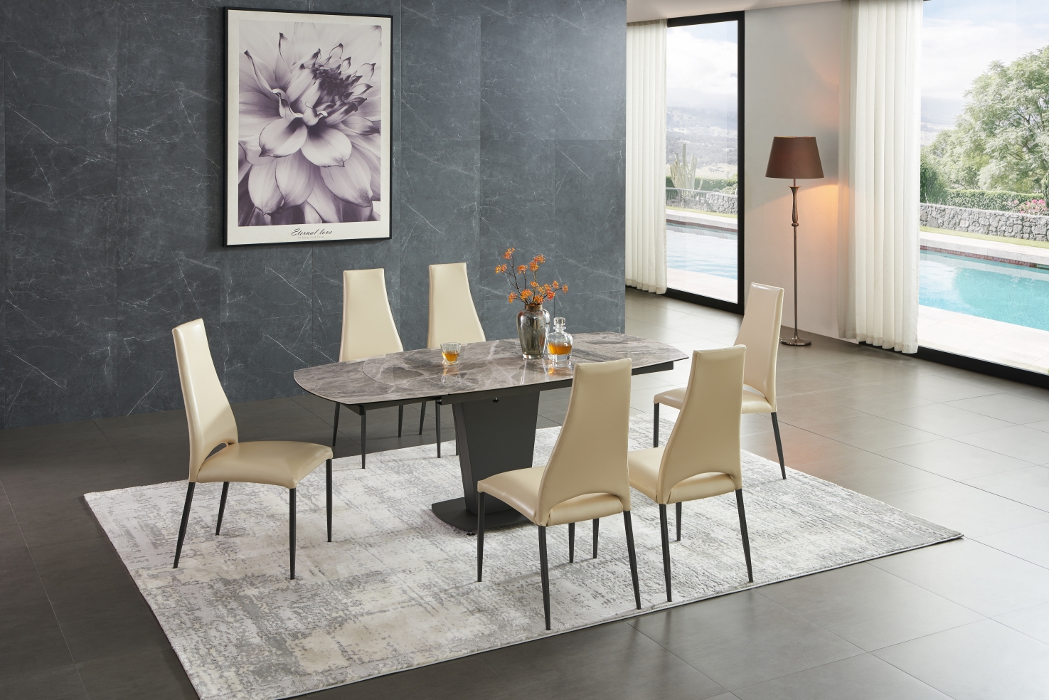 Clearance Wallunits & Consoles 2417 Marble Table Grey with 3405 Chairs Beige
