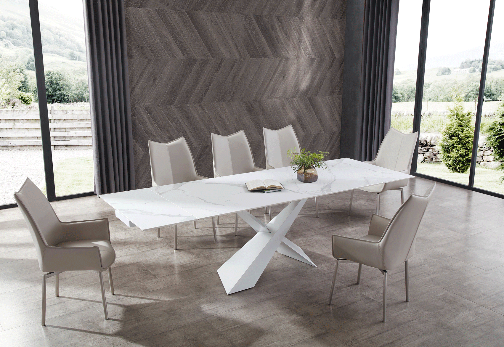 Brands WCH Modern Living Special Order 9113 Dining Table with 1218 swivel grey taupe chairs