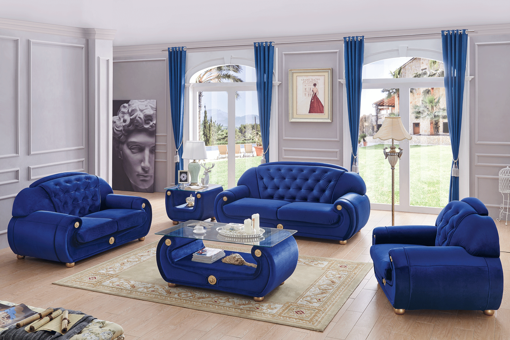 Brands Fama Modern Living Room, Spain Giza Fabric in Dark Blue